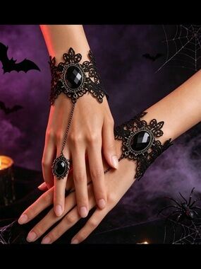 Black Lace Gothic Choker and Hand Bracelet Set with Silver Accents